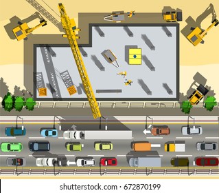 Top view building under construction near city expressway