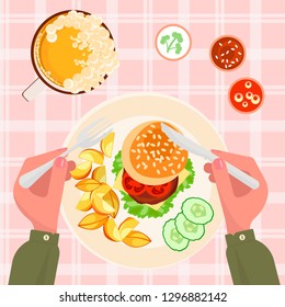 Top view Burger, french fries and beer. Top view isolated. Flat Art Vector illustration