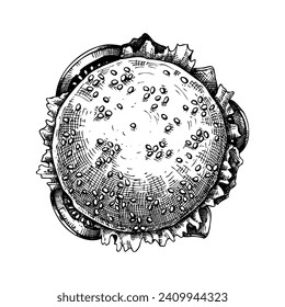 Esbozo de la hamburguesa de vista superior. Ilustración vectorial dibujada a mano. Dibujo rápido de comida al estilo vintage
