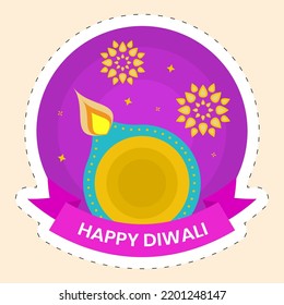 Top View Of Burning Oil Lamp(Diya) Against Mandala Pink Background For Happy Diwali Celebration Sticker.