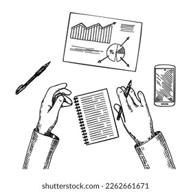 Top view: Business analyst or auditor working on statistical data paper documents with spreadsheets making analytics report.  Modern sketch vector illustrated banner design. Correspondence concept.