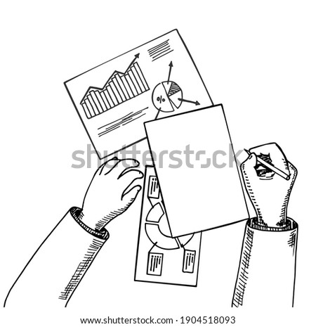 Top view: Business analyst or auditor working on statistical data paper documents with spreadsheets making analytics report.  Modern sketch vector illustrated banner design. Correspondence concept.