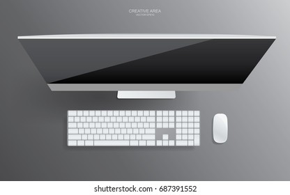 Top view business background of computer, keyboard and mouse on dark grey gradient background. Vector illustration.