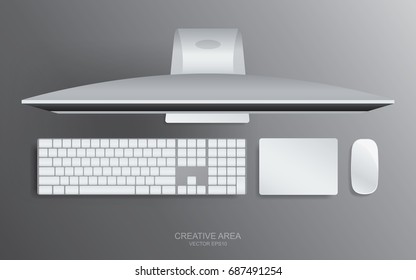 Top view business background of computer, keyboard and mouse on dark grey gradient background. Vector illustration.