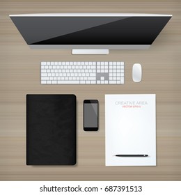 Top view business background of working space area and office object set. - Computer, keyboard, mouse, smartphone, white paper, notebook and pencil on wood background. Vector illustration.