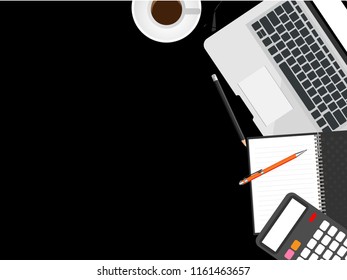 Top view business black office desk table with a lot of things on it. Notebook, laptop, pen, pencil, calculator, coffee, keyboard, computer, isolated on white background.