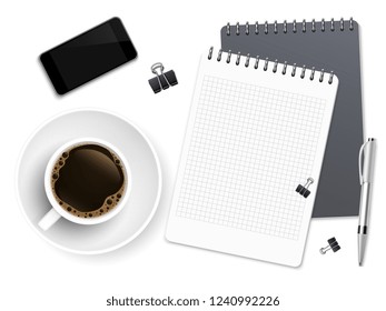 Top view business coffee break with notepad, phone and cup of coffee. Workspace vector background