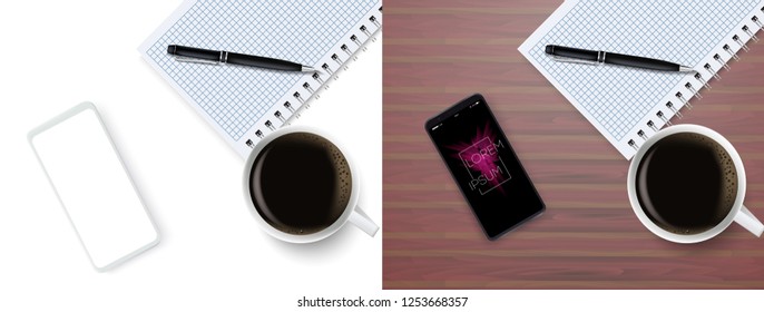 Top view business coffee break with notepad, phone and cup of coffee. Workspace vector background