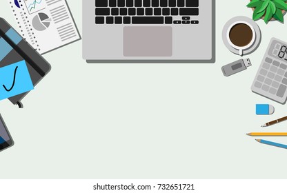 Top View Of The Business Desk With Laptop, Paper Work, Mobile Phone, Calculator And Other Office Supplies With Coffee For The Breakfast With Copy Space For Your Text 