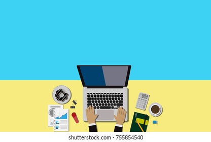 Top view of the business desk with laptop, calculator, pencil , office supplies, donut, working paper and a cup of coffee with copy space for your text 
