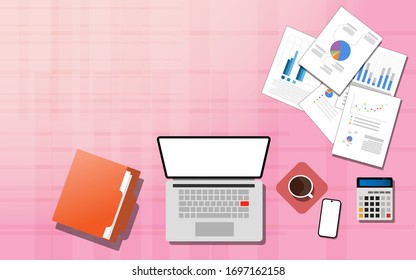 Top view of business desk in workplace. Pink tablecloth with laptop, calculator, document paperwork, cup of coffee, smart phone.  Work from home concept.