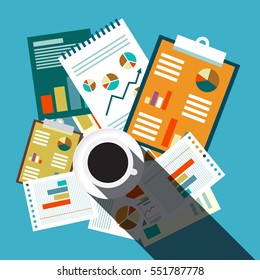 Top View Business Flat Design Retro Background. Papers, Graphs, Reports and Coffee Cup on Blue Table.