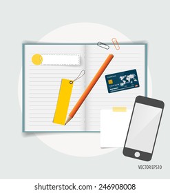 Top view of business items, various papers, paper designs ready for your message and laptop. Vector Illustration.