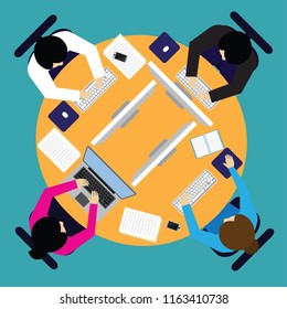 top view of business man and woman working at office desk table in office