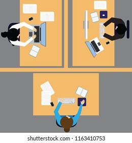 top view of business man and woman working at office desk table in office
