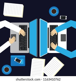 top view of business man and woman working at office desk table in office