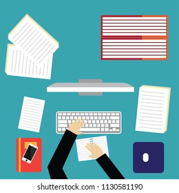 top view of business man working at office desk table in office
