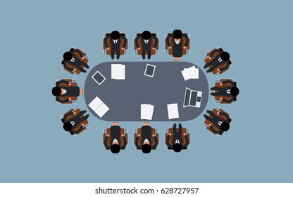 Top view of Business meeting and brainstorming around Round table in flat icon design with blue color background
