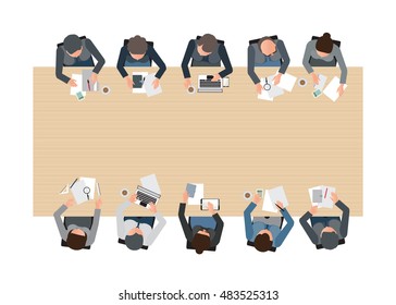 Top view of Business meeting, teamwork, brainstorming, office business people cartoon flat design conceptual vector illustration.