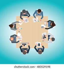 Top view of Business meeting, teamwork, brainstorming, office business people cartoon flat design conceptual vector illustration.