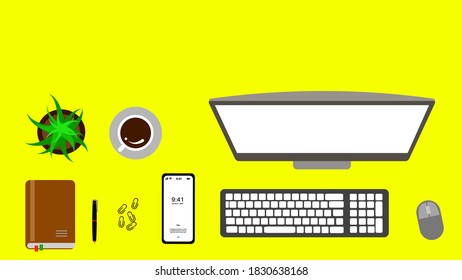 Top view business office desk with laptop, coffee, computer, a report paper, and office supplies / Creative flat lay photo of workspace desk and copy space / Panoramic banner background