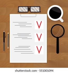 Top view of business plan for table. Planning business on workplace, vector illustration
