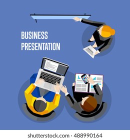 Top view business presentation banner, vector illustration. Businesswoman making presentation near whiteboard on blue background. Business seminar or training. Board meeting in office.