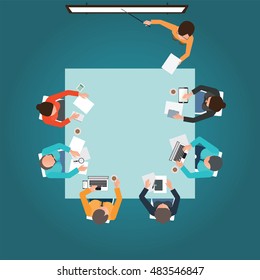 Top view of Business presentation, teamwork, brainstorming, office business people cartoon flat design conceptual vector illustration.