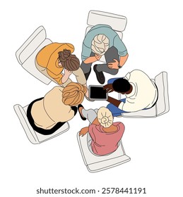 Top view Business scene vector outline illustration on white background. Different men, women, business team working together, taking part in business activities, meeting, discussing.