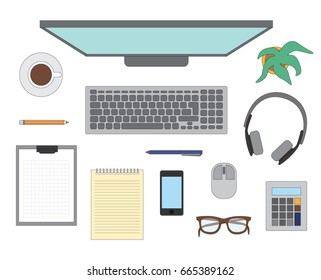 Top view of a business working desk. Vector illustration.