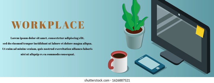 Top view Business Workplace background with monitor, cup of coffee and flower. Vector creative style for design
