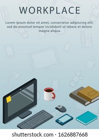 Top view Business Workplace background with monitor, cup of coffee and planner. Vector creative style for design
