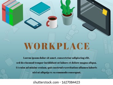 Top view Business Workplace background with monitor, cup of coffee and flower. Vector creative style for design
