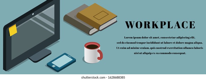 Top view Business Workplace background with monitor, cup of coffee and planner. Vector creative style for design
