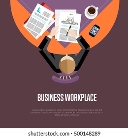 Top view business workplace, vector illustration. Overhead view of businessman working with financial documents at office desk. Business people banner with space for text on maroon background.