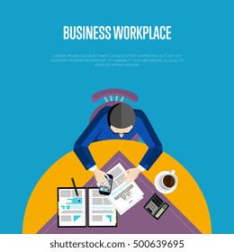 Top view business workplace, vector illustration. Overhead view of businessman working with financial documents at round office desk. Business people banner with space for text on blue background.