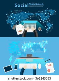 Top view of businessman hand working with creative modern technology social network business strategy concept, consulting, project management, development, Vector illustration layout template design