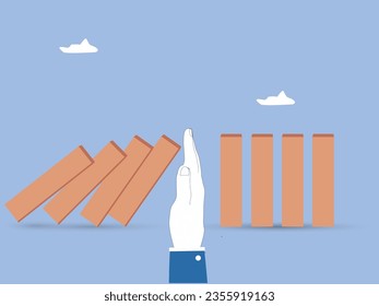 Top view of businessman hands stop falling dominoes in crisis, business management concept. vector illustration.