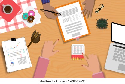 Top View Of Businessman And Lawyers Discussing Contract Papers With Brass Scale On Wooden Desk In Office. Law, Legal Services, Advice, Justice Concept.