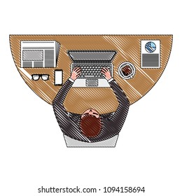 top view businessman typing in laptop with mobile papers and coffee cup