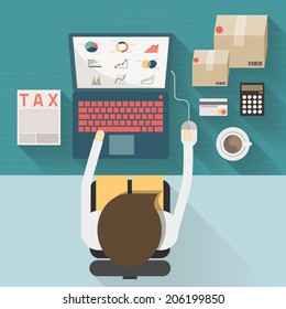 top view of businessman working on the desk on flat style concept vector