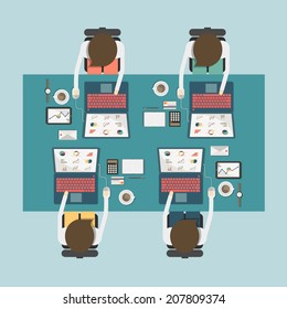 top view of businessman working on the desk on flat style concept vector