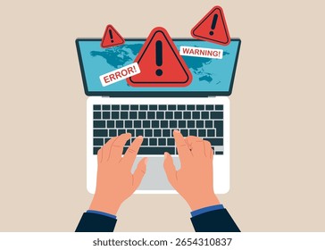 Top view of businessman working using laptop. Site Under Construction with programmers at Computer with Internet Problem Warning. System Work Error, 404 Maintenance Page Not Found. Vector illustration
