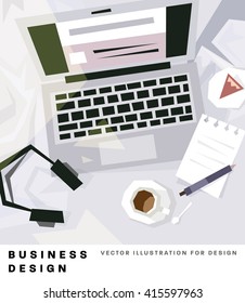 Top View Businessman Workplace. Laptop, Headphones, Coffee Cup and Notepad.