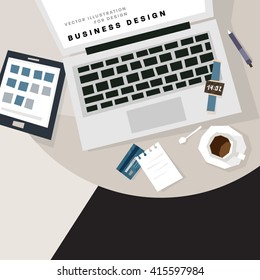 Top View Businessman Workplace. Laptop, Tablet PC, Coffee Cup, Credit Card and Notepad Page.