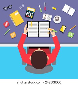 Top view businessman workplace with male employee notebook and stationery  vector illustration