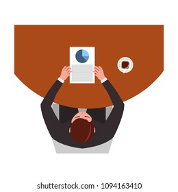 top view businessman works with document chart graph and coffee cup