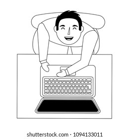top view businessman works with laptop at desk