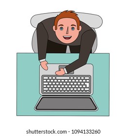 top view businessman works with laptop at desk