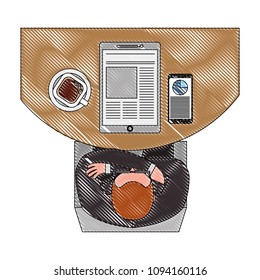 top view businessman works with tablet computer document and coffee cup